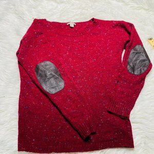 Garnet Hill Women's Wool Blend Tweed Flecks Elbow Patch Sweater Red Size XS